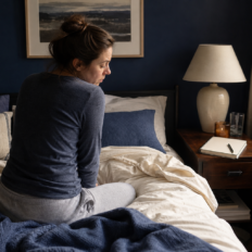An adult sits on the edge of a rumpled blue and cream bed beside a nightstand with a blank notebook, pen, and lamp in soft morning light.