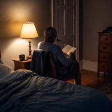 An older adult reading quietly in a chair near a softly lit bed on a stressful evening.