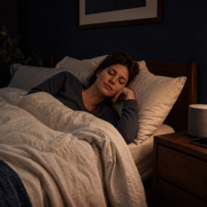 An adult rests in bed beside a nightstand with a small speaker, a face-down phone, and a warm lamp.