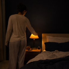 Adult in sleepwear dims a warm bedside lamp in a dark navy and cream bedroom with an unlit red night light on the nightstand.