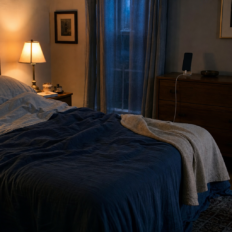 A dark phone charging across the room from a softly lit, lightly rumpled bed.