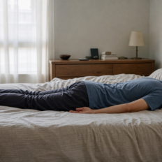 An adult in casual clothes taking a daytime nap on top of a lightly rumpled bed.