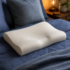 A generic contour pillow with two curved edge heights resting on navy and cream bedding.