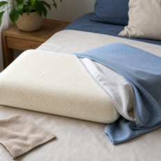 A memory foam pillow with its removable fabric cover partly unzipped and folded beside it.