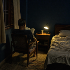 An adult seen from behind reading quietly in a chair beside a rumpled bed at night.