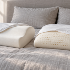 Memory foam and latex pillows side by side, with covers pulled back to show their textures.