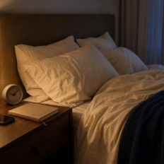 A tidy bedroom at dusk with cream bedding, a navy throw, a bedside lamp, a face-down phone, an unmarked clock, and a closed notebook.