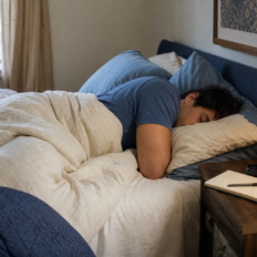 An adult sleeps on their side in a tidy bedroom with blue and cream bedding, a warm bedside lamp, and a blank notebook with a pen on the nightstand.