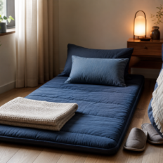 A clean bedroom with a thin padded mat, pillows, and a folded blanket arranged on the wood floor beside a low bed.