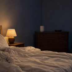 A softly lit bedroom with a small unbranded sound machine positioned away from the pillow.