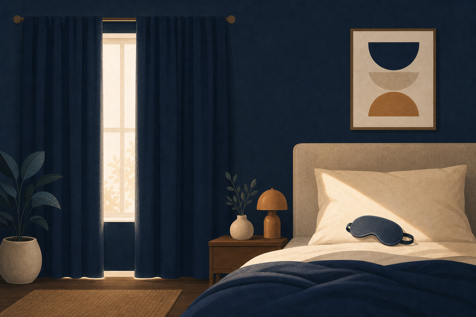 Illustration of a bedroom with dark blackout curtains over a window and a sleep mask resting on a cream pillow in a strip of light.