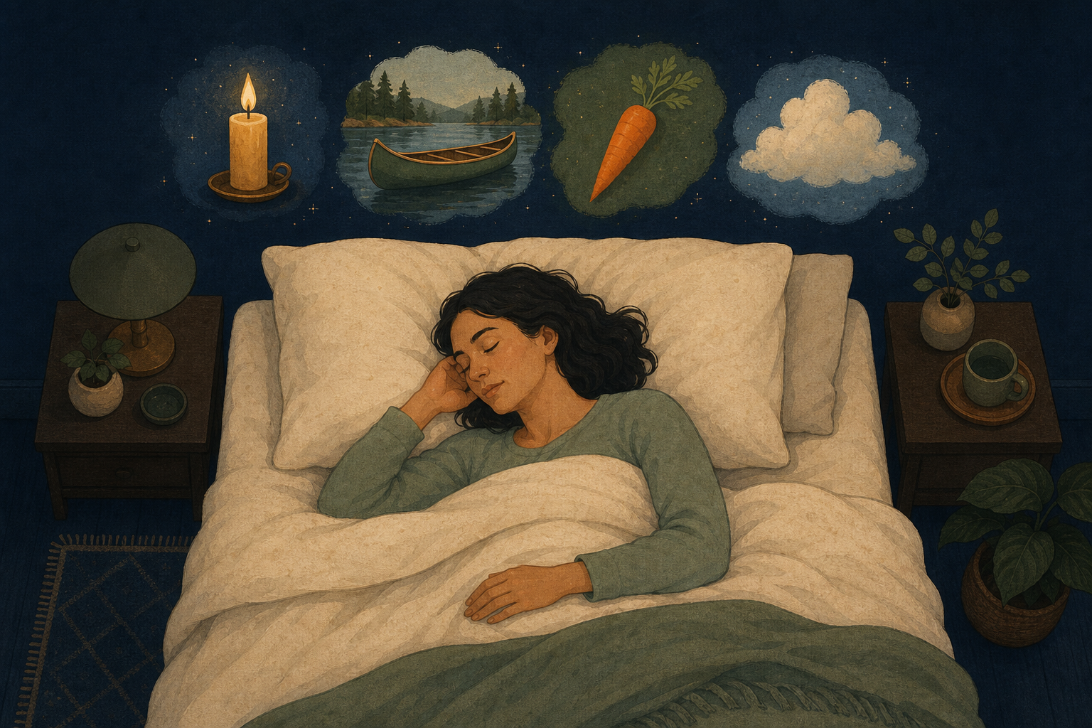 Illustration of an adult lying in bed with small images of a candle, canoe, carrot, and cloud floating above the pillow.