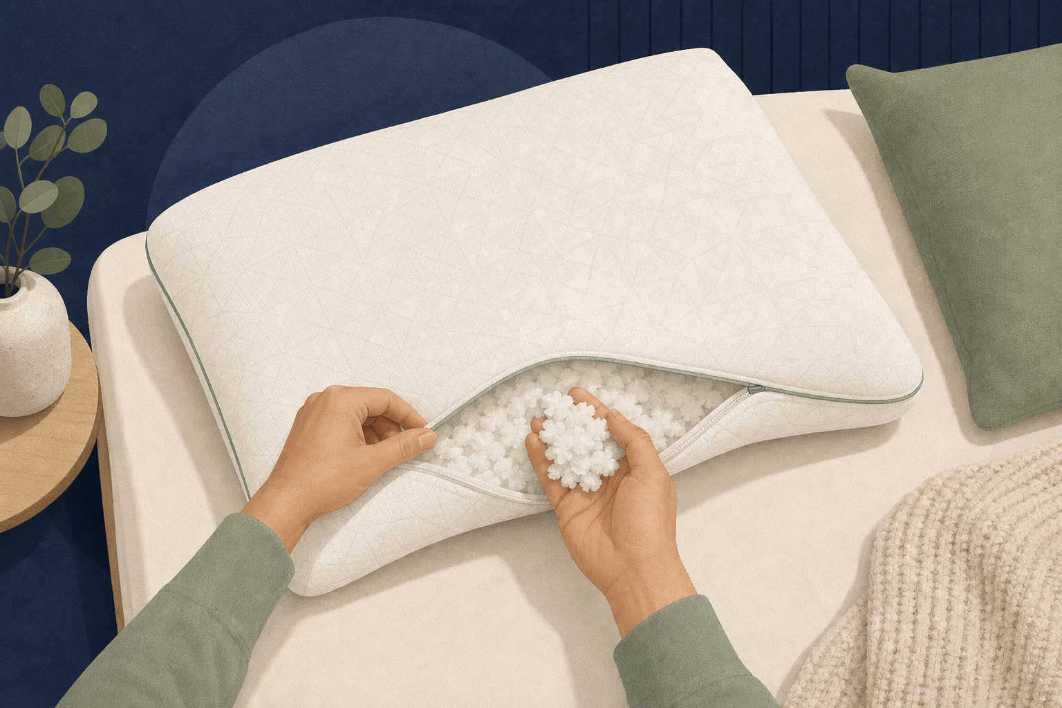 Illustration of adult hands removing soft fill from an open adjustable pillow on a neatly made bed.