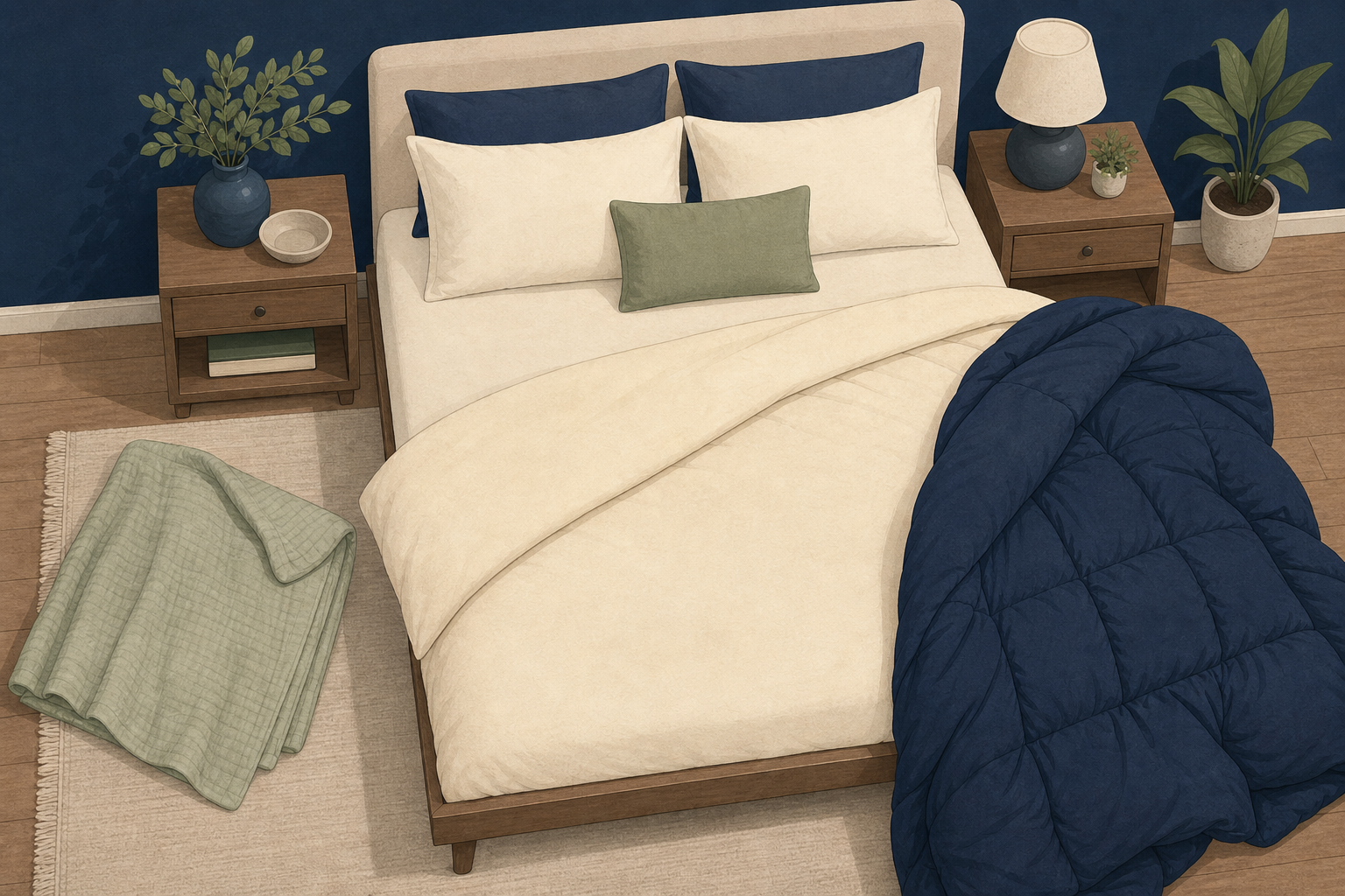 Illustration of a bed with a thin duvet folded back, a bulkier duvet set aside, and a light cover layer nearby.