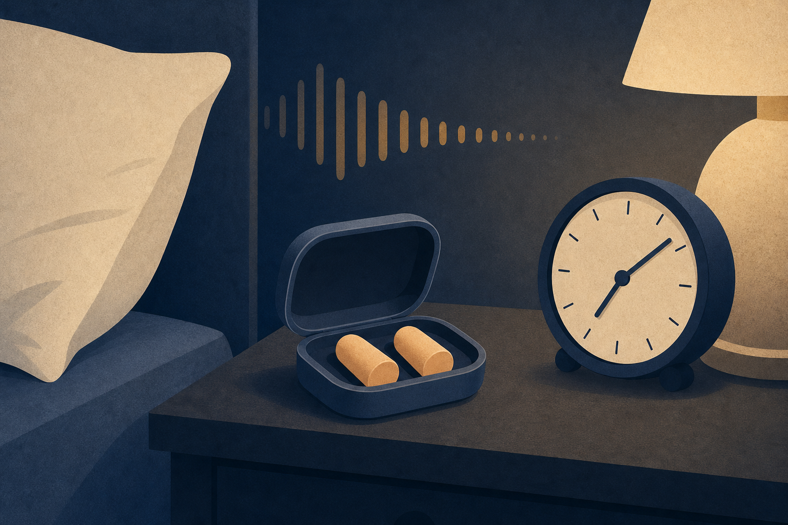 Illustration of soft earplugs in an open case on a bedside table beside a pillow and an unnumbered alarm clock.