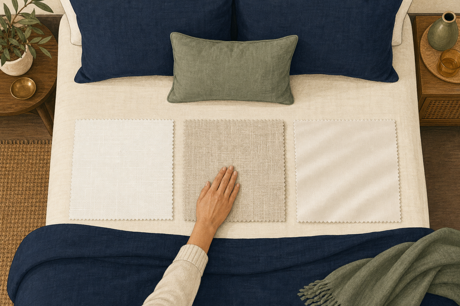 Illustration of a hand comparing several folded sheet fabrics on a neatly made bed with dark navy and warm cream bedding.