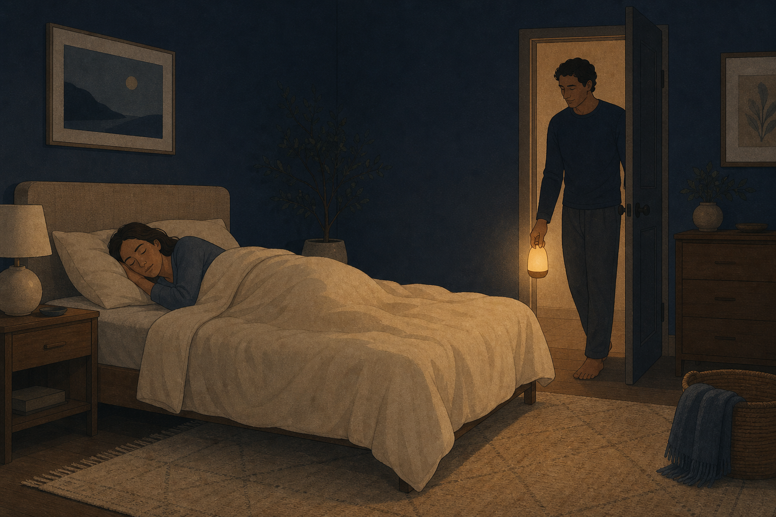 Illustration of one adult asleep in bed while another adult quietly enters a dark bedroom through a softly lit doorway.