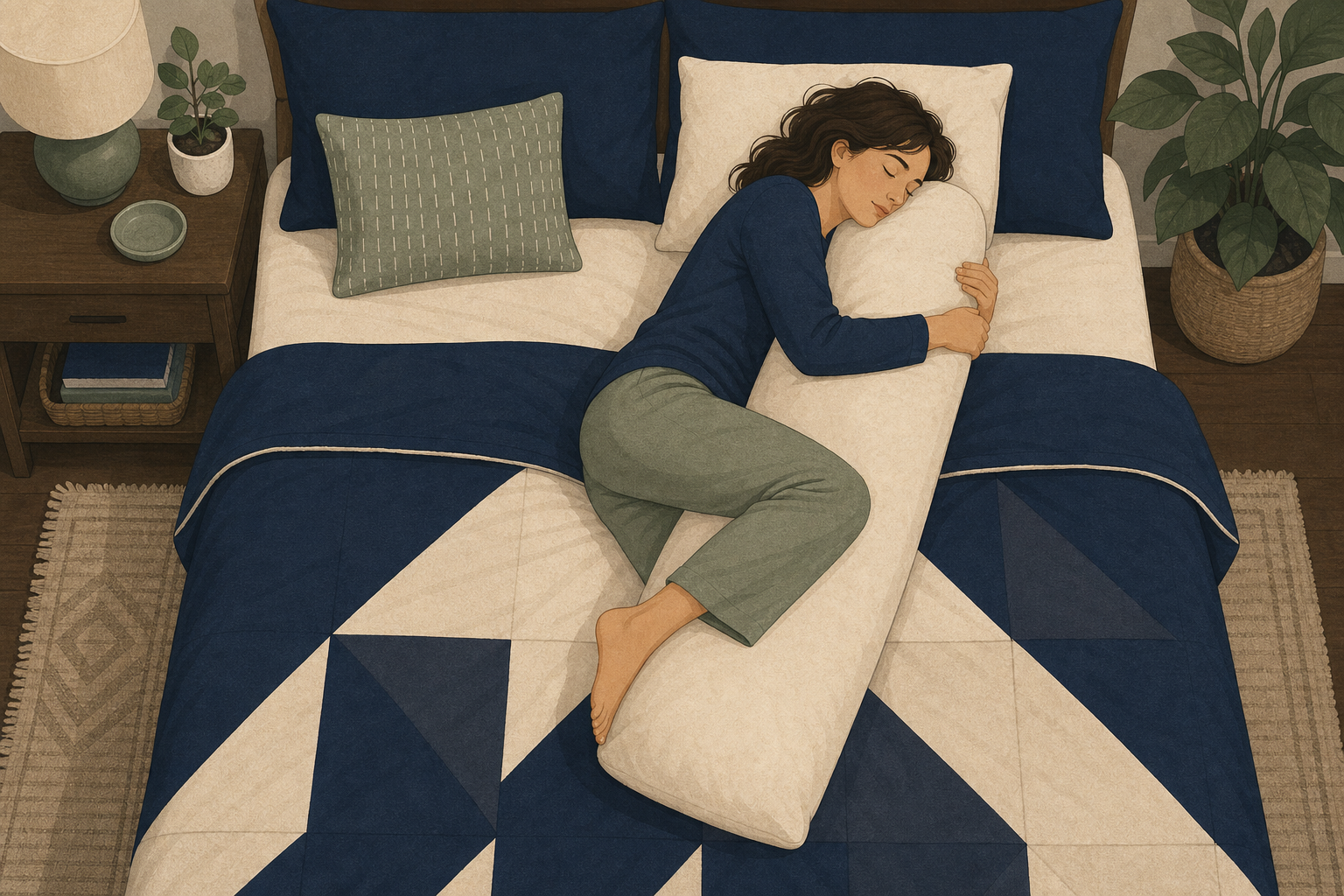 Illustration of an adult side sleeper in bed hugging a long body pillow with one knee resting on it and a separate pillow under the head.