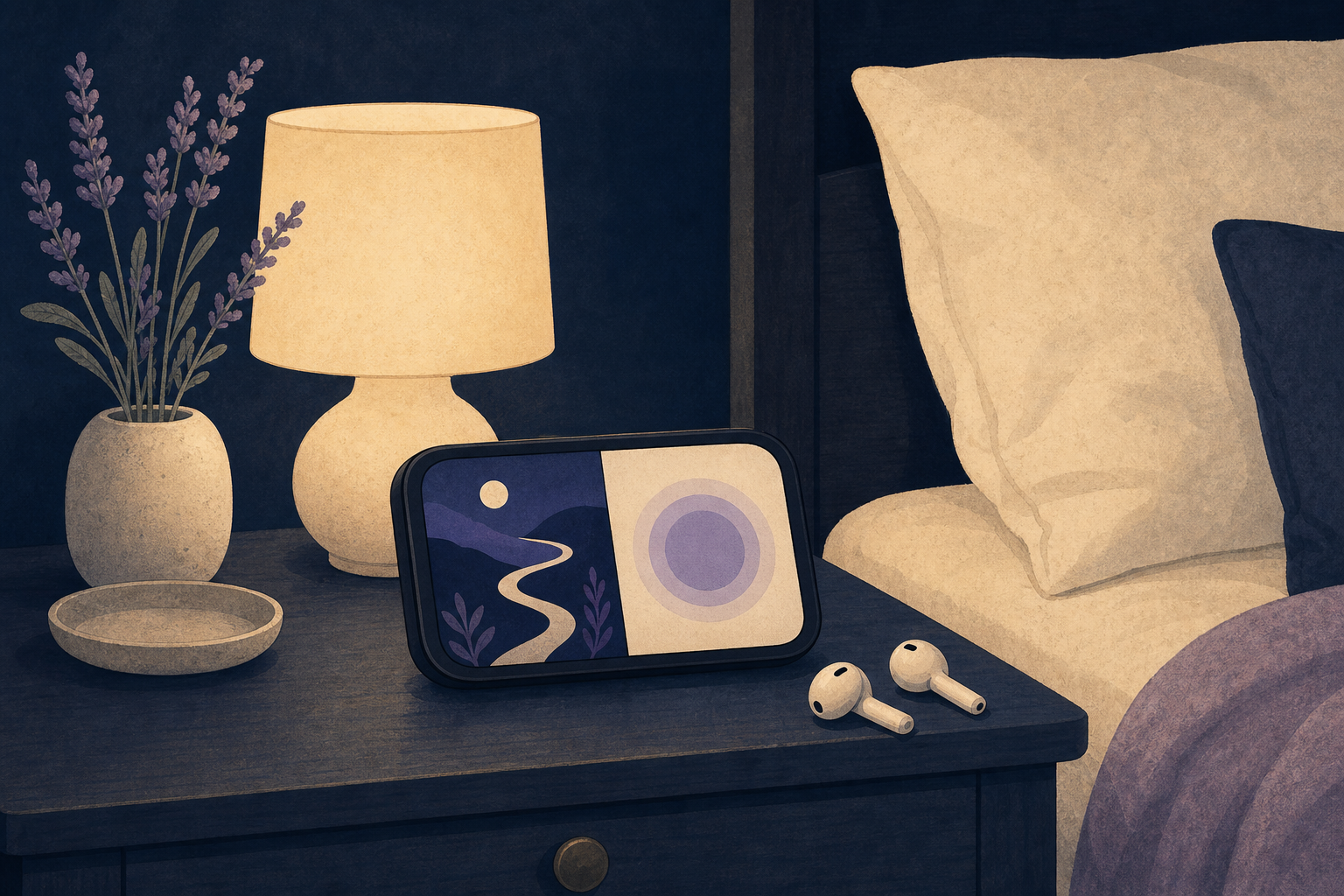 Illustration of a bedroom nightstand with earbuds and an audio player showing a winding path and a breathing circle beside a neatly made bed.