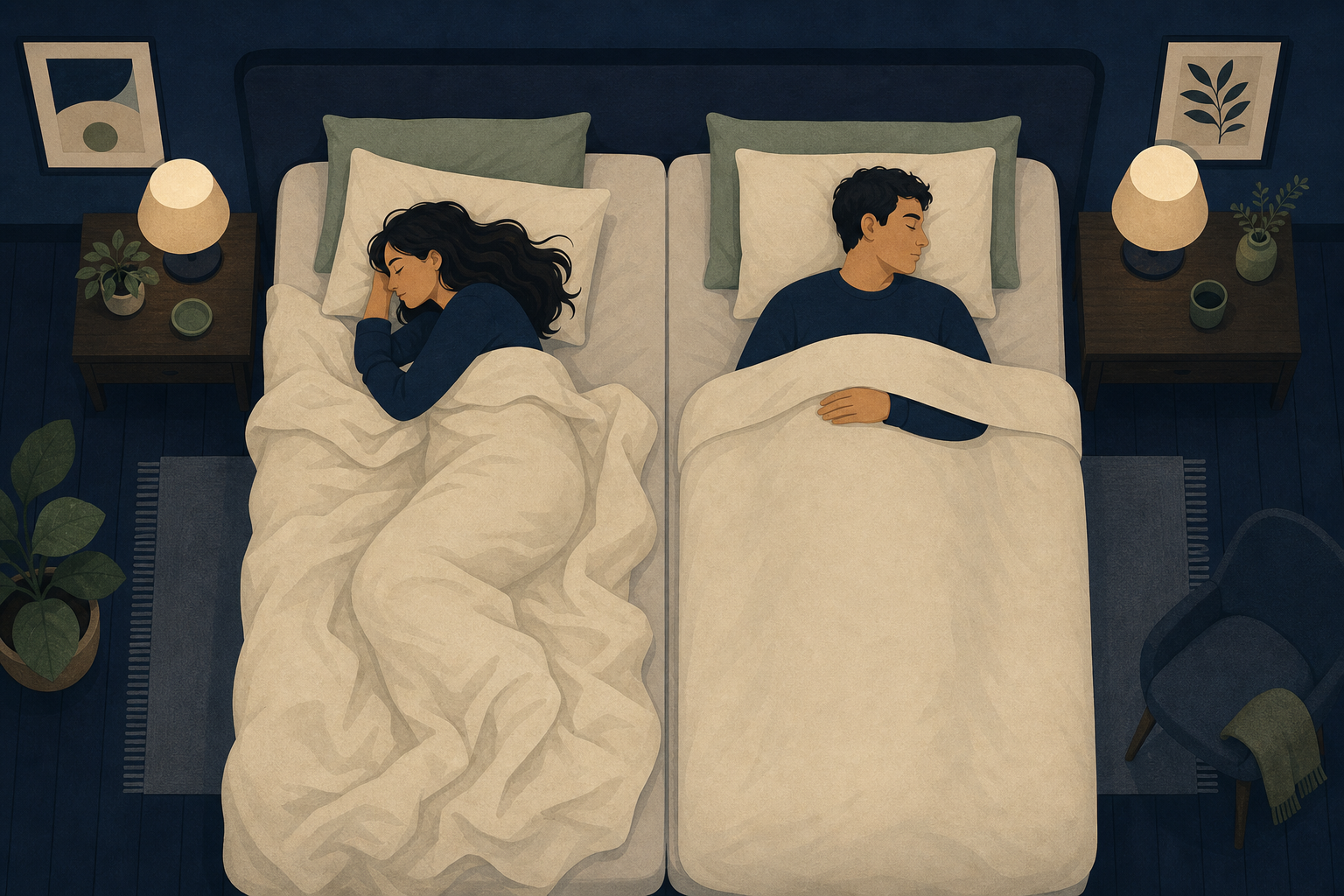 Illustration of two adults in a shared bed with separate duvets and a visible split between the two mattress sides.