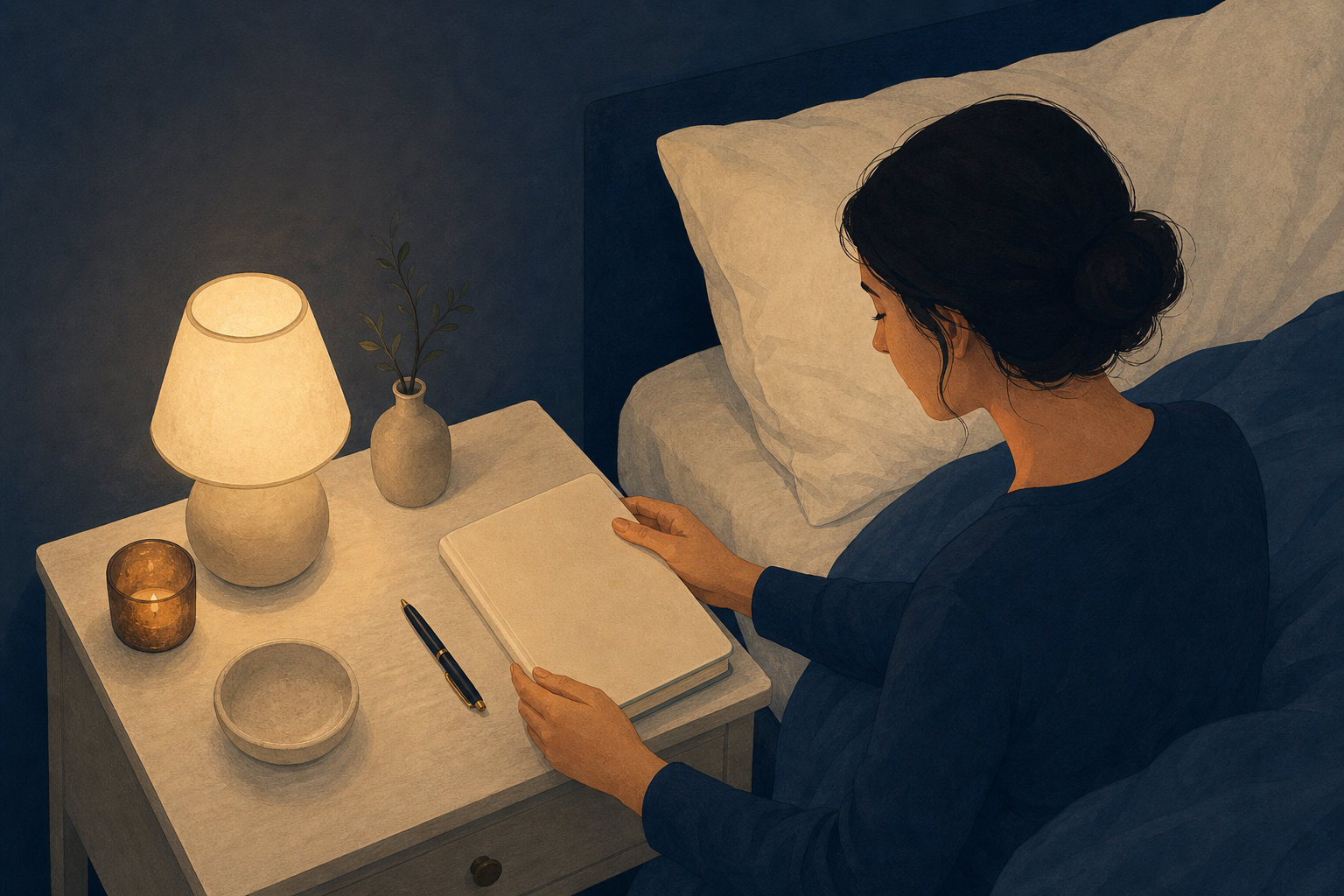 Illustration of an adult closing a blank notebook on a bedside table next to a pen, lamp, and softly rumpled bed.