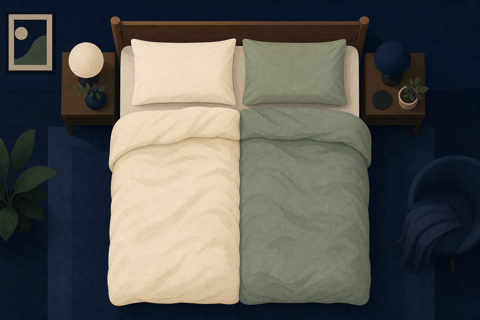Illustration of an overhead view of one shared bed with two separate duvets side by side and two pillows.