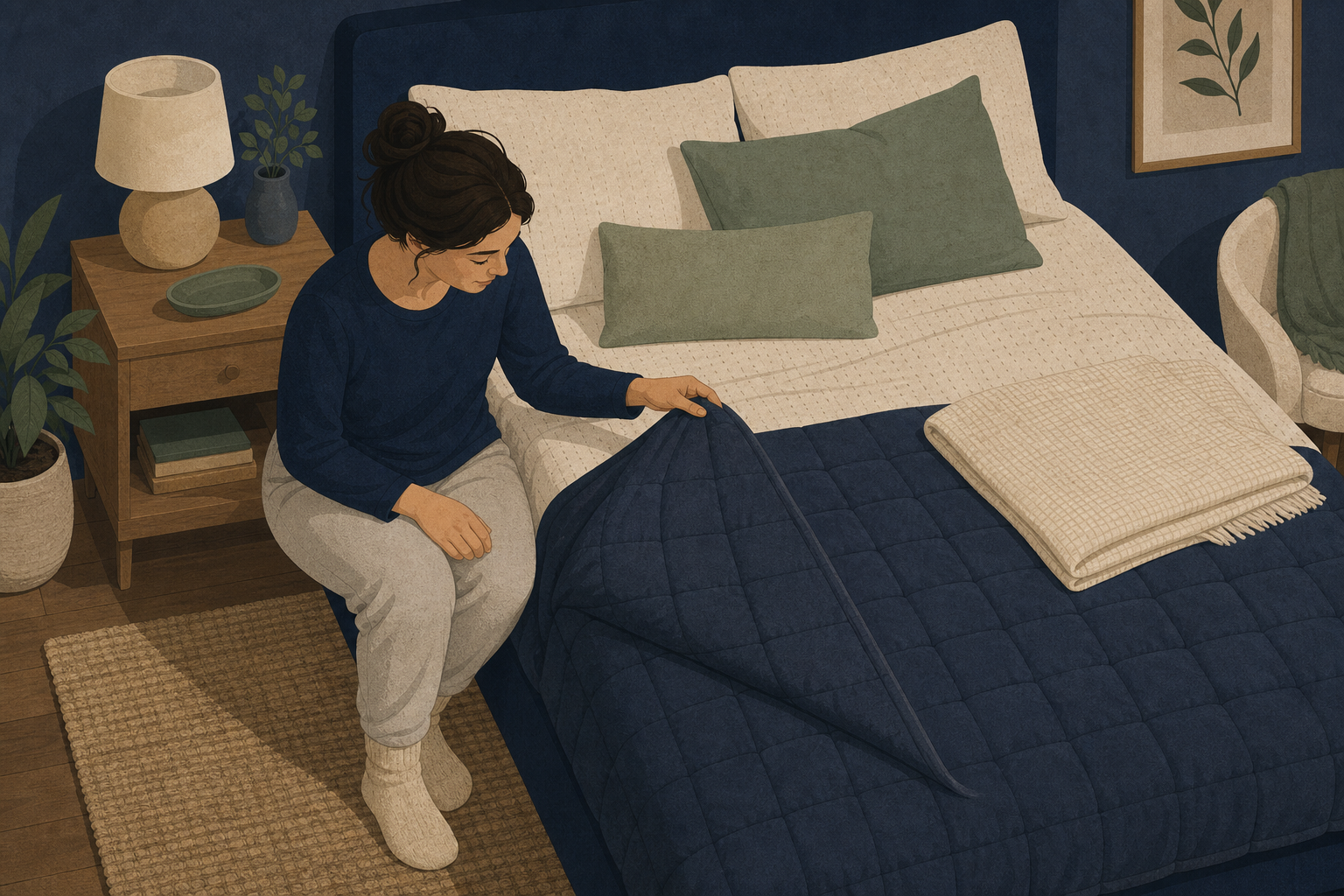 Illustration of an adult sitting on the edge of a bed and lifting the corner of a quilted weighted blanket, with bedding and a folded light cover nearby.