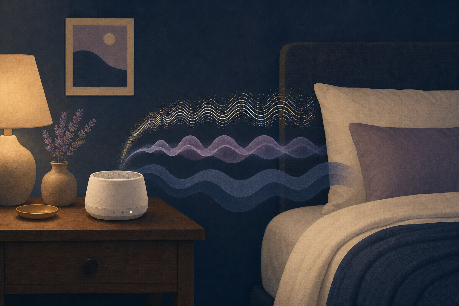 Illustration of a bedside sound machine beside a neatly made bed, with three different abstract sound wave shapes floating above it in a calm navy and cream bedroom.